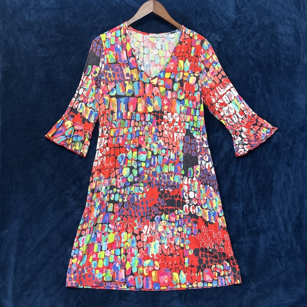 Snoskins Womens Artsy Print Dress Size M Red Made In Usa Viscose Campy